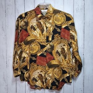 Vintage Ishyu Women's Victorian Pocket Watch Print Long Sleeve Button Up Size 8.